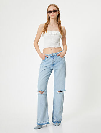 Bol Paça Yüksek Bel Straight Fit Yırtık Kot Pantolon - Nora Jean