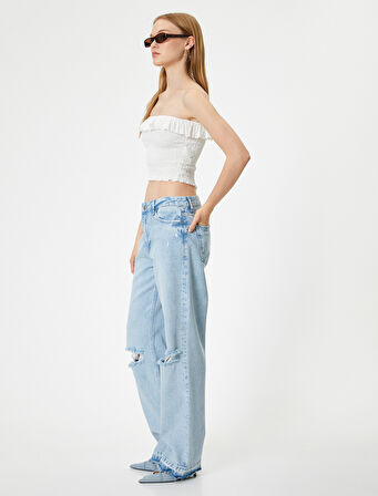 Bol Paça Yüksek Bel Straight Fit Yırtık Kot Pantolon - Nora Jean