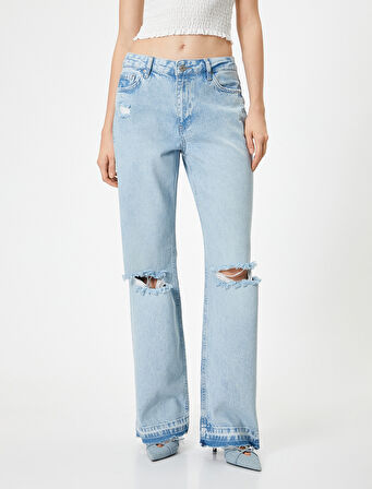 Bol Paça Yüksek Bel Straight Fit Yırtık Kot Pantolon - Nora Jean