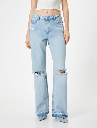 Bol Paça Yüksek Bel Straight Fit Yırtık Kot Pantolon - Nora Jean