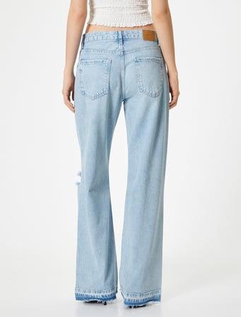 Bol Paça Yüksek Bel Straight Fit Yırtık Kot Pantolon - Nora Jean
