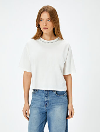 Kısa Kollu Tişört Yaka Detaylı Pamuklu