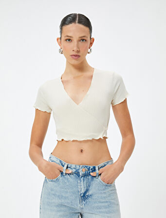 Crop Kruvaze Bluz Dokuma Kısa Kollu Bağlama Detaylı Slim Fit