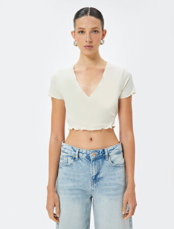 Crop Kruvaze Bluz Dokuma Kısa Kollu Bağlama Detaylı Slim Fit