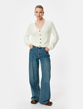 Peluş Triko Hırka V Yaka Düğmeli Uzun Kollu