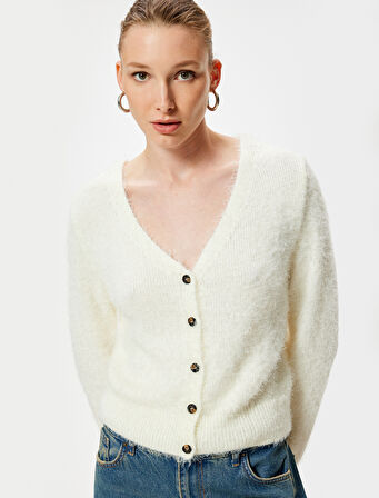 Peluş Triko Hırka V Yaka Düğmeli Uzun Kollu