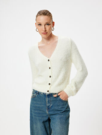 Peluş Triko Hırka V Yaka Düğmeli Uzun Kollu