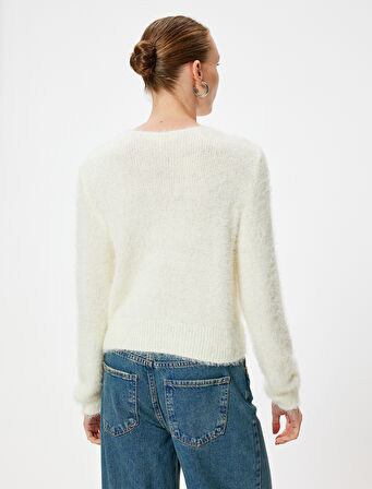 Peluş Triko Hırka V Yaka Düğmeli Uzun Kollu