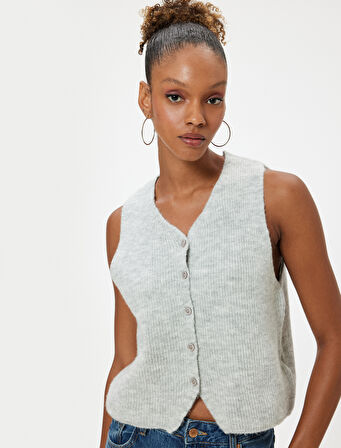 Crop Triko Yelek Düğmeli V Yaka