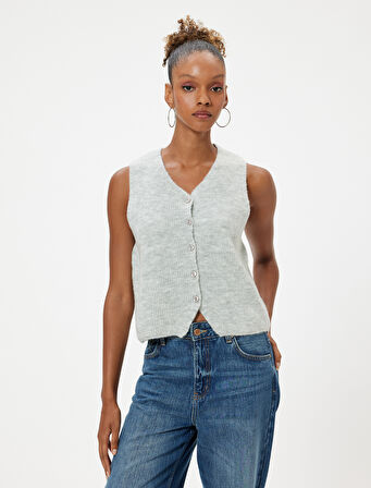 Crop Triko Yelek Düğmeli V Yaka