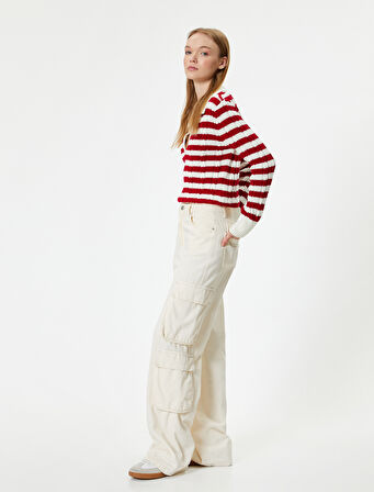 Polo Yaka Triko Kazak Saç Örgü Dokulu Uzun Kollu