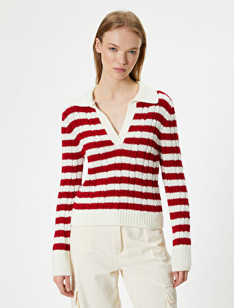 Polo Yaka Triko Kazak Saç Örgü Dokulu Uzun Kollu