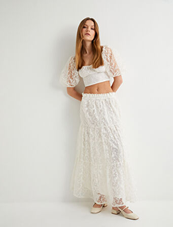 Uzun Etek Dantelli Çiçekli Volanlı Normal Bel