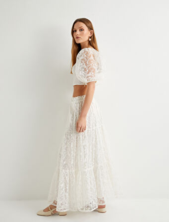 Uzun Etek Dantelli Çiçekli Volanlı Normal Bel