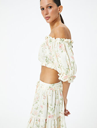 Crop Straplez Atlet Çiçekli Fırfırlı Pamuklu Slim Fit