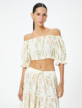 Crop Straplez Atlet Çiçekli Fırfırlı Pamuklu Slim Fit