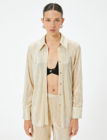 Parlak Varak Baskılı Gömlek Uzun Kollu Pliseli