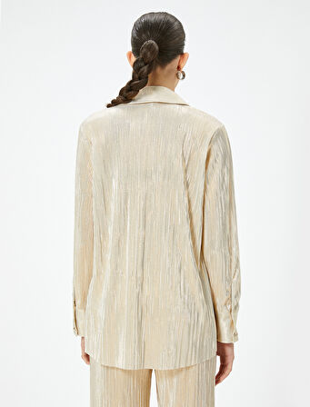 Parlak Varak Baskılı Gömlek Uzun Kollu Pliseli
