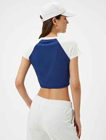 Kolej Crop Tişört V Yaka Renk Bloklu Pamuklu Slim Fit