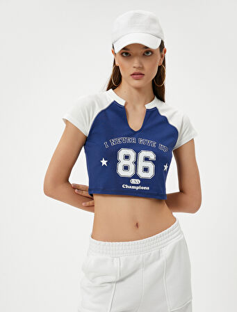 Kolej Crop Tişört V Yaka Renk Bloklu Pamuklu Slim Fit