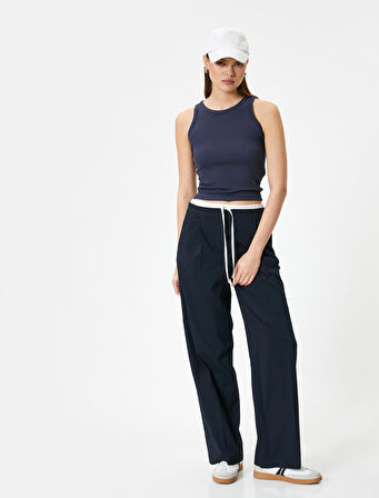 Fitilli Basic Üst Yuvarlak Yaka Viskoz Kumaş Slim Fit