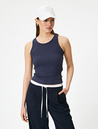 Fitilli Basic Üst Yuvarlak Yaka Viskoz Kumaş Slim Fit
