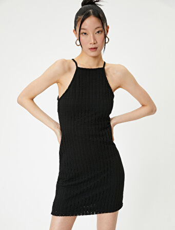 Halter Yaka Mini Kalem Elbise Slim Fit