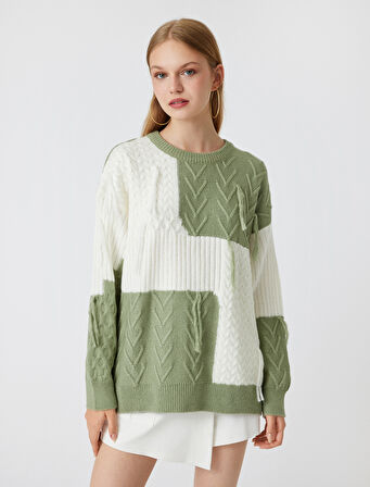 Oversize Triko Kazak Bisiklet Yaka Renk Bloklu Dokulu