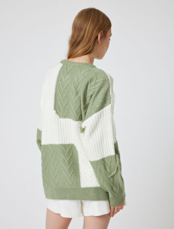 Oversize Triko Kazak Bisiklet Yaka Renk Bloklu Dokulu