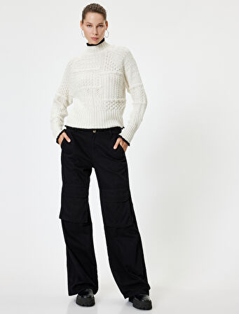 Dik Yaka Kazak Örgü Dokulu Biyeli Uzun Kollu