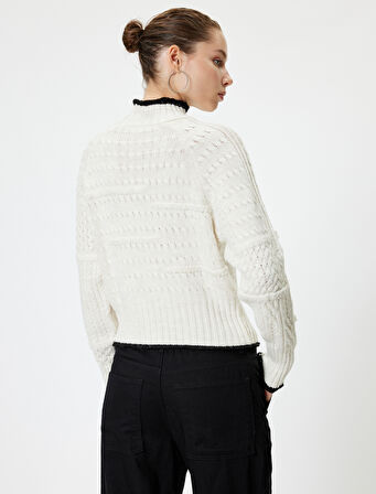 Dik Yaka Kazak Örgü Dokulu Biyeli Uzun Kollu