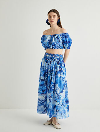 Omzu Açık Üst Crop Balon Kollu Çiçekli Püsküllü Pamuklu