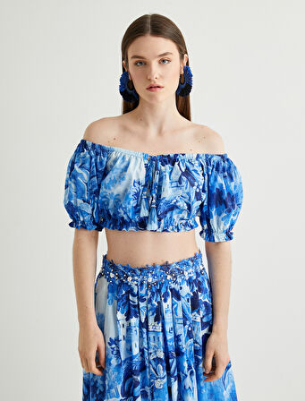 Omzu Açık Üst Crop Balon Kollu Çiçekli Püsküllü Pamuklu