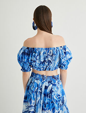 Omzu Açık Üst Crop Balon Kollu Çiçekli Püsküllü Pamuklu