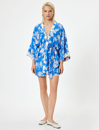 Oversize Kimono Viskon Çiçekli Kuşaklı