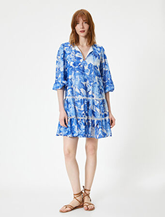 Mini Çiçekli Elbise Balon Kollu Volanlı Püsküllü V Yaka