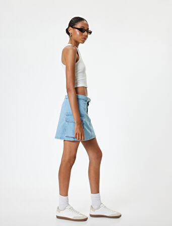 Mini Kot Etek Kargo Cepli Düğmeli Kemer Detaylı Rahat Kesim