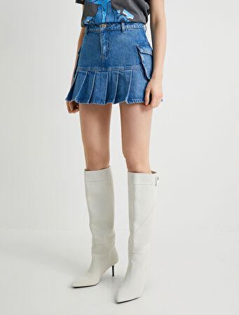 Mini Pileli Kot Etek Yandan Kargo Cepli Rahat Kalıp