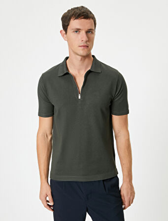 Polo Yaka Triko Kazak Yarım Fermuarlı Kısa Kollu