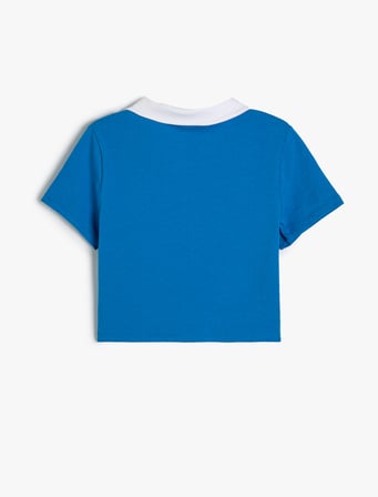 Crop Tişört Polo Yaka Kısa Kollu Spor Temalı Pamuklu