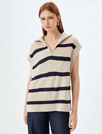 Triko Oversize Süveter Yarım Fermuar Detaylı Dik Yaka Kolsuz