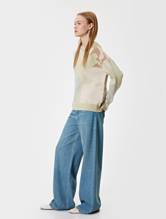 Bisiklet Yaka Kazak Triko Soyut Desenli Uzun Kollu