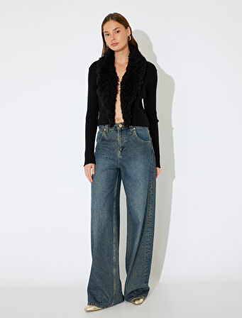 Koton X İnji - Suni Kürk Yakalı Triko Hırka Slim Fit Uzun Kollu