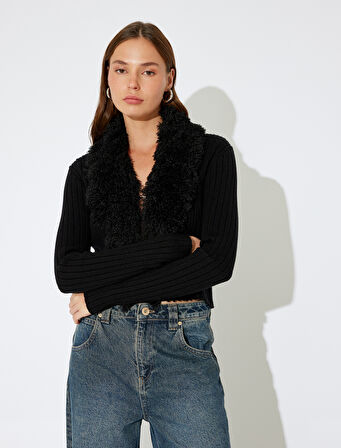 Koton X İnji - Suni Kürk Yakalı Triko Hırka Slim Fit Uzun Kollu