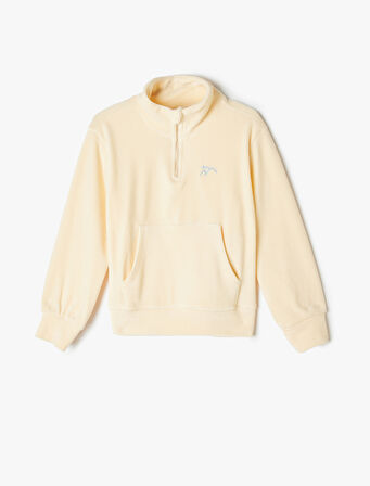 Kadife Sweatshirt Dik Yaka Yarım Fermuarlı Uzun Kollu 