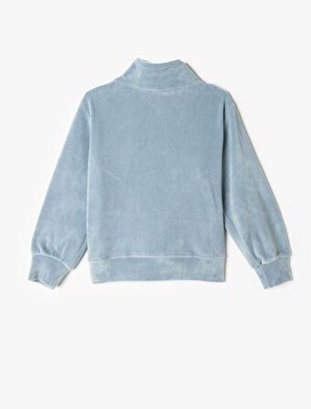Kadife Sweatshirt Dik Yaka Yarım Fermuarlı Uzun Kollu 