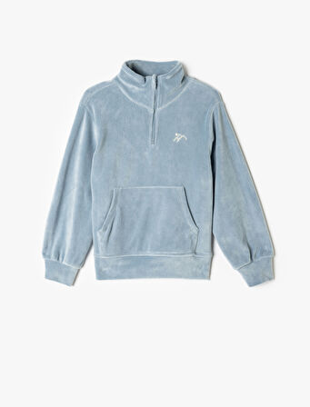 Kadife Sweatshirt Dik Yaka Yarım Fermuarlı Uzun Kollu 