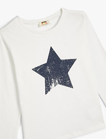 Yıldızlı Tişört Uzun Kollu Bisiklet Yaka Pamuklu