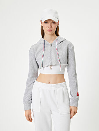 Crop Spor Sweatshirt Kapüşonlu Fermuarlı Rahat Kesim