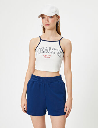 Crop Spor Atlet Slogan Baskılı Halter Yaka Askılı Slim Fit
